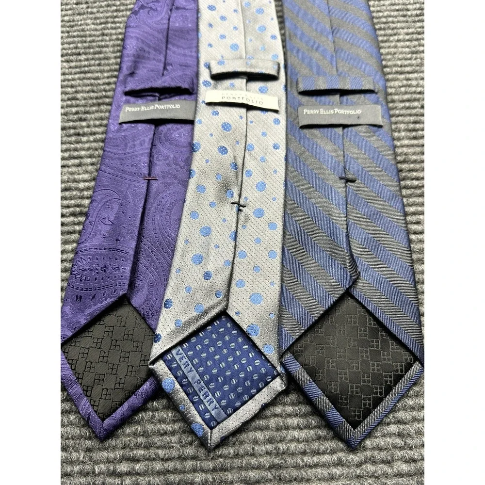 Perry Ellis Portfolio Ties Mens Silk‎ Purple Paisley Blue Dot Stripe Lot of 3